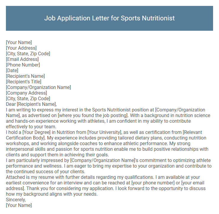 Job Application Letter for Sports Nutritionist