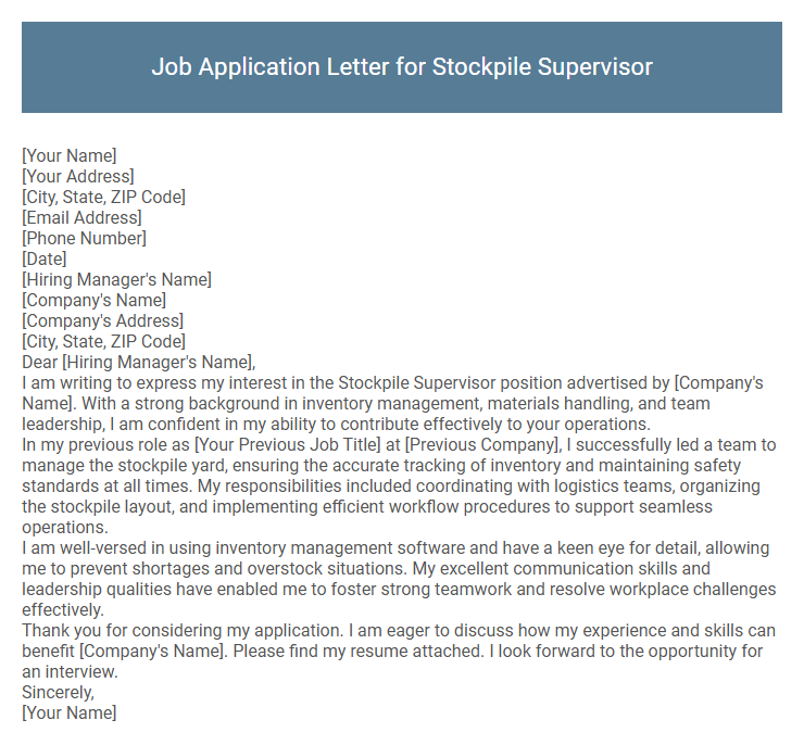 Job Application Letter for Stockpile Supervisor