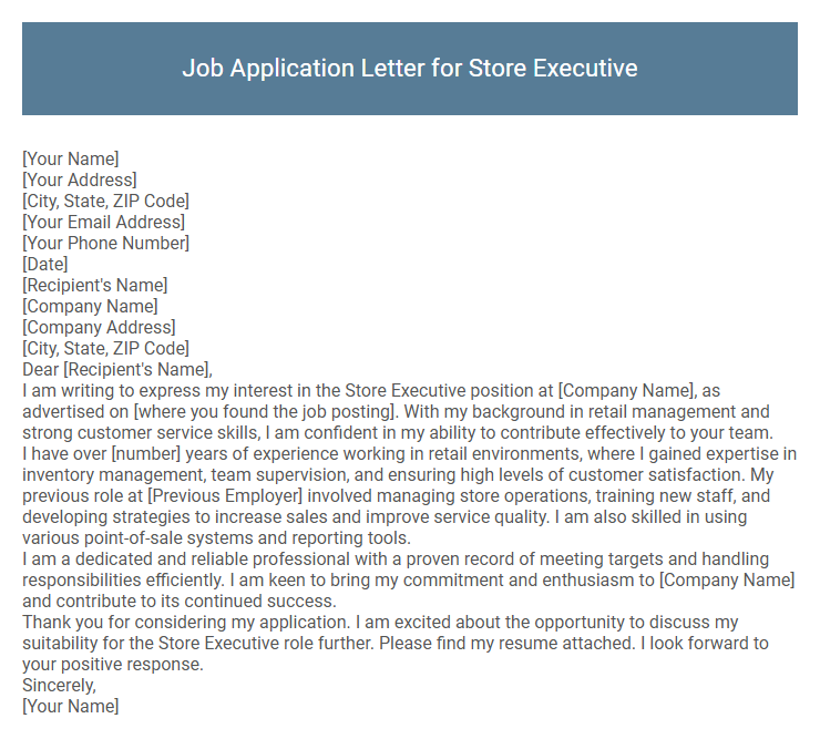 Job Application Letter for Store Executive
