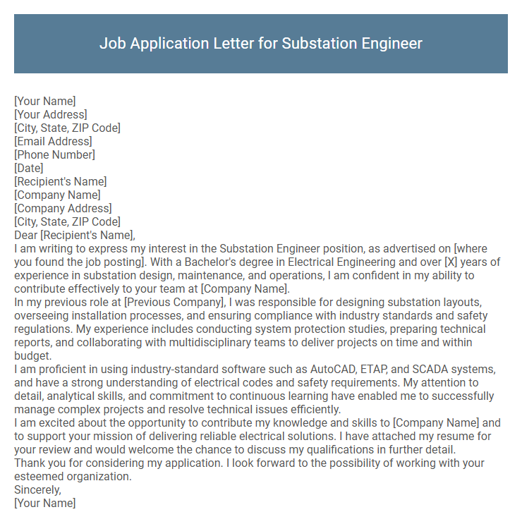 Job Application Letter for Substation Engineer