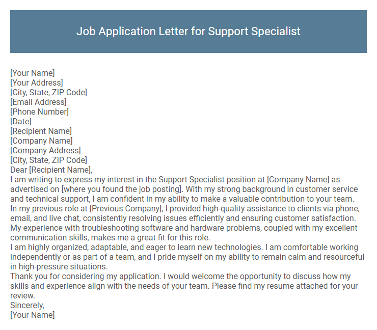 Job Application Letter for Support Specialist