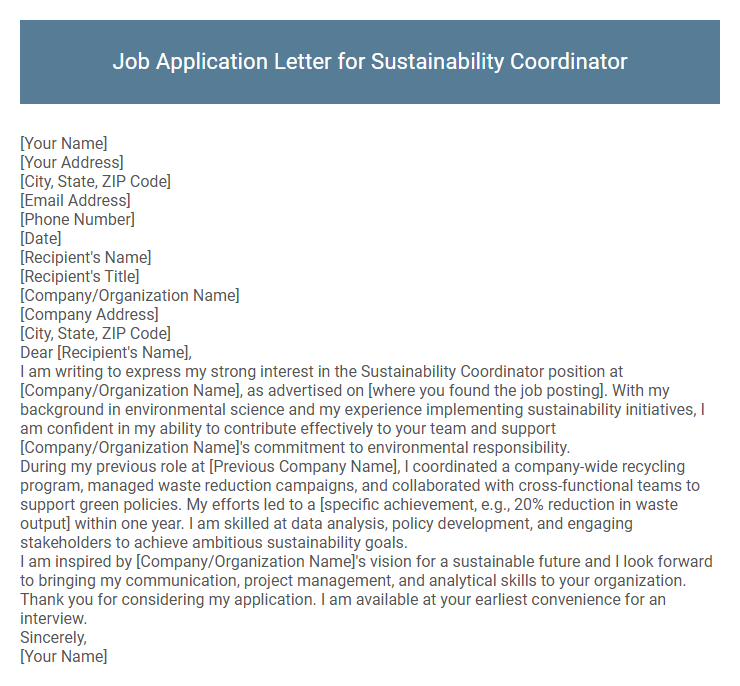 Job Application Letter for Sustainability Coordinator
