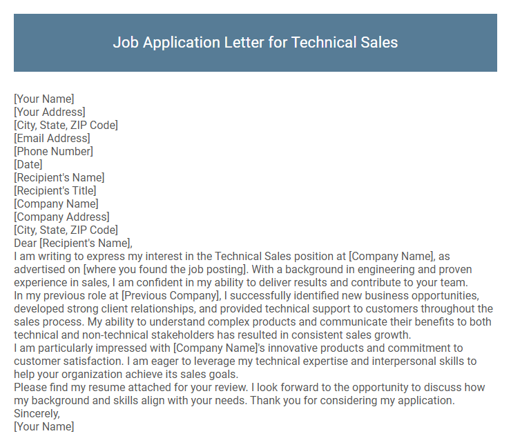 Job Application Letter for Technical Sales