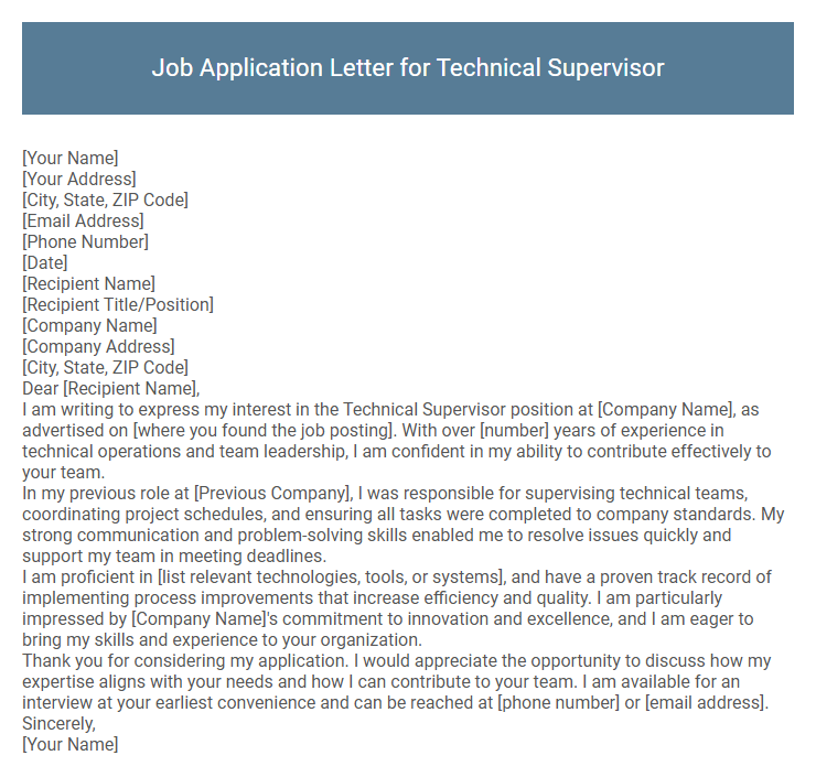 Job Application Letter for Technical Supervisor
