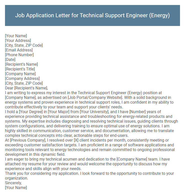 Job Application Letter for Technical Support Engineer (Energy)