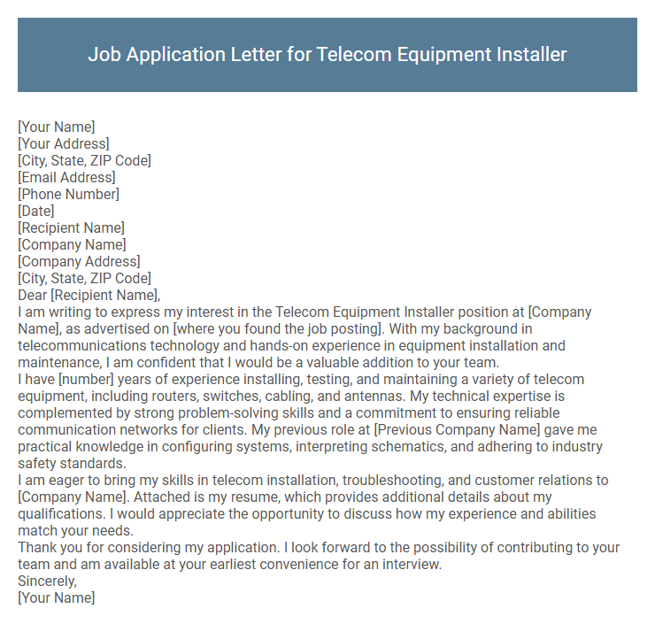 Job Application Letter for Telecom Equipment Installer