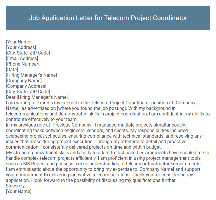 Job Application Letter for Telecom Project Coordinator