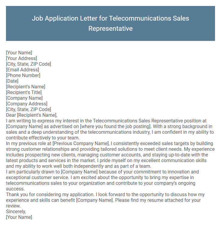Job Application Letter for Telecommunications Sales Representative