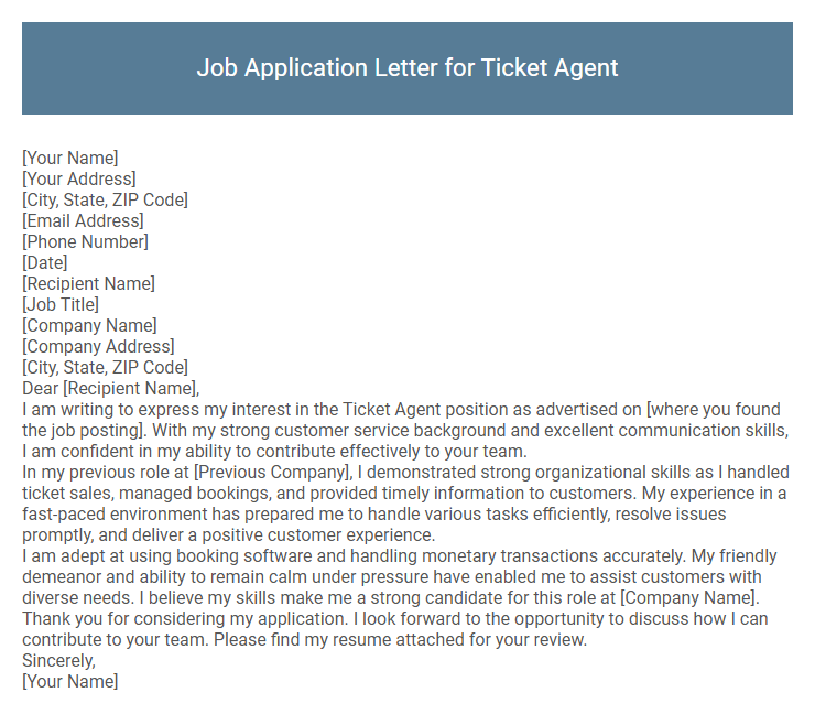 Job Application Letter for Ticket Agent