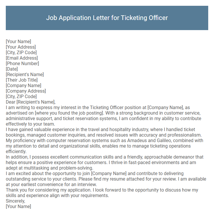 Job Application Letter for Ticketing Officer