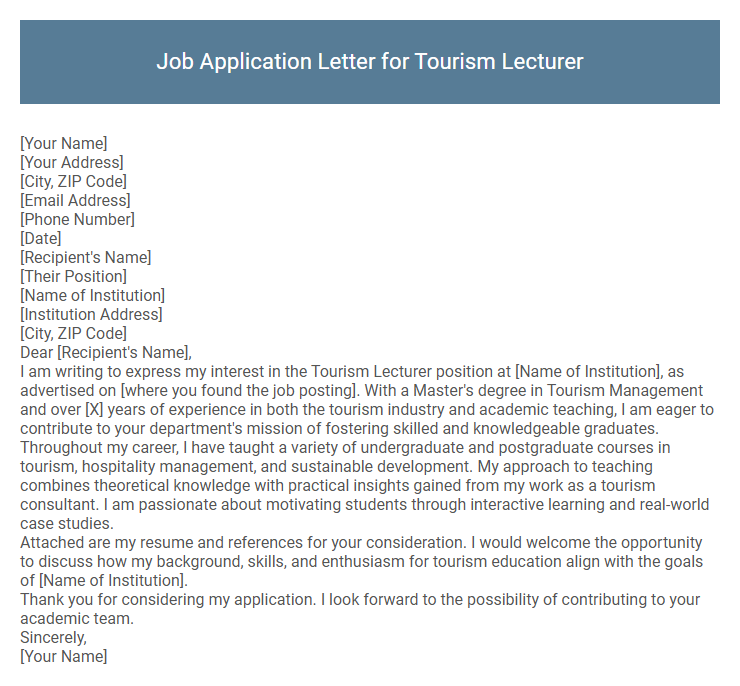 Job Application Letter for Tourism Lecturer