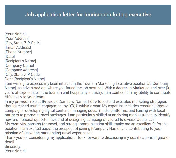 Job application letter for tourism marketing executive
