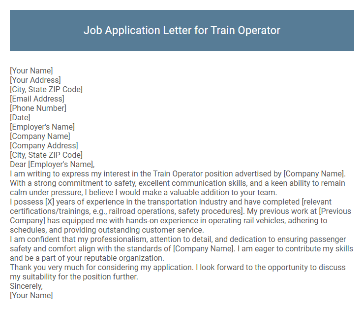 Job Application Letter for Train Operator
