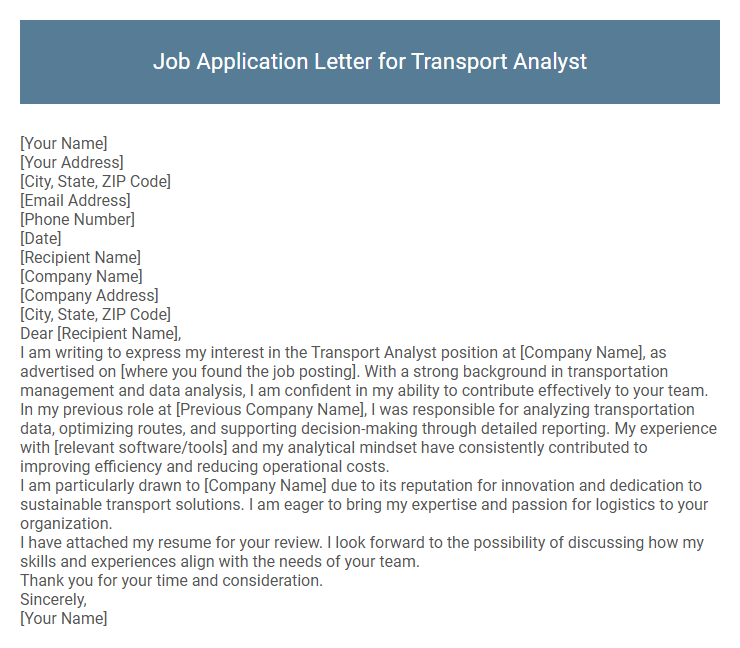 Job Application Letter for Transport Analyst