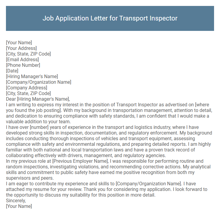 Job Application Letter for Transport Inspector
