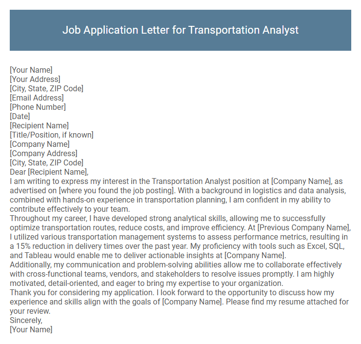 Job Application Letter for Transportation Analyst