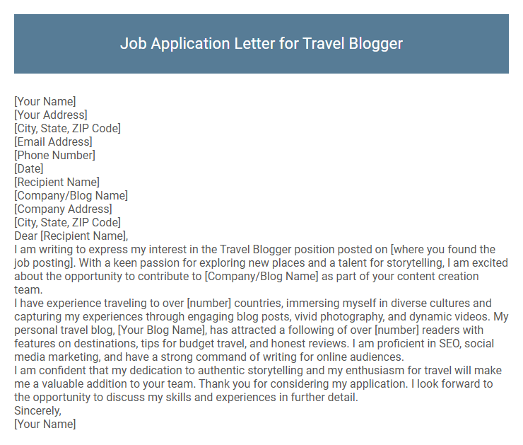 Job Application Letter for Travel Blogger