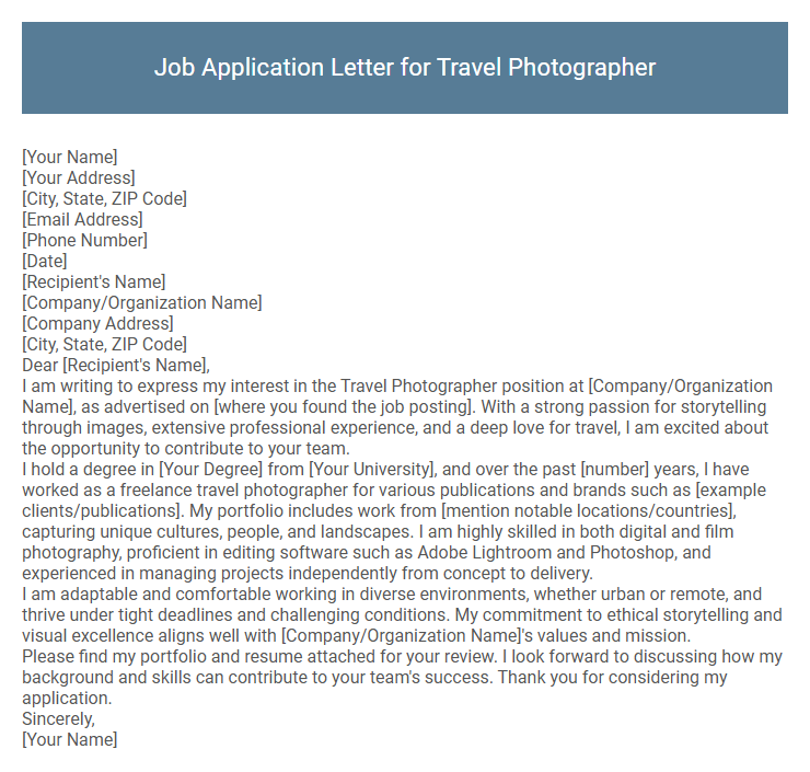 Job Application Letter for Travel Photographer