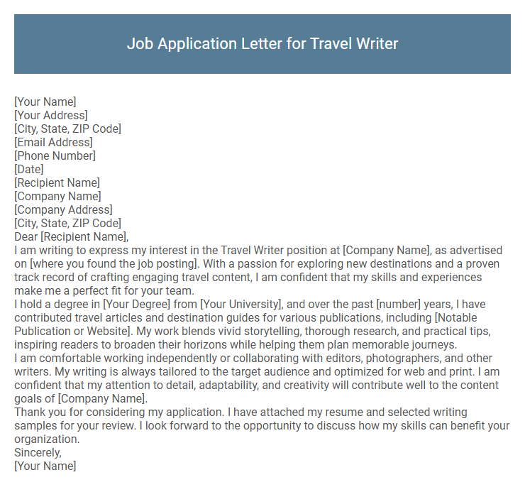 Job Application Letter for Travel Writer