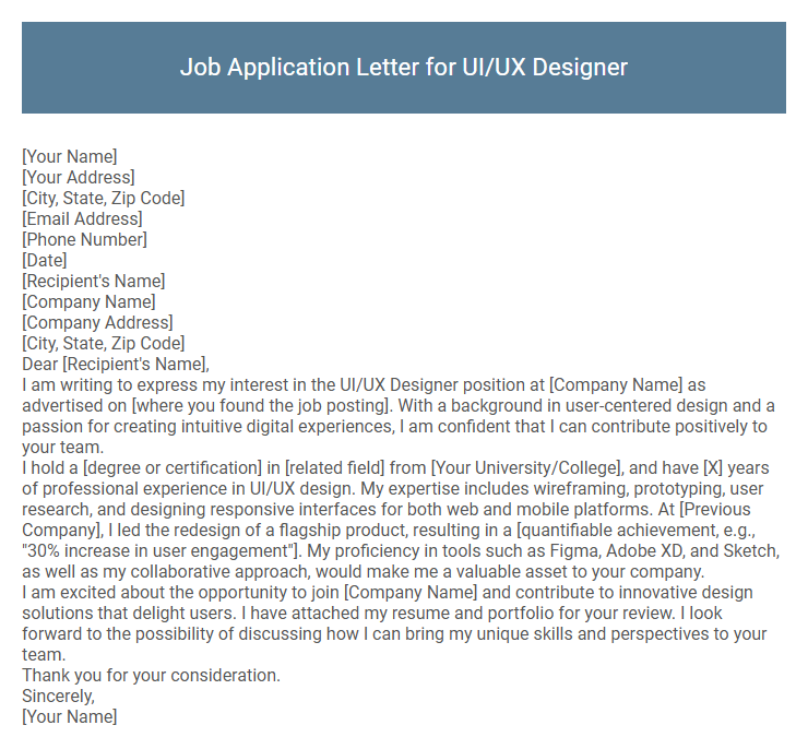 Job Application Letter for UI/UX Designer