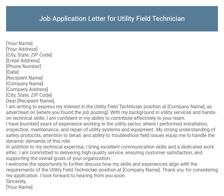 Job Application Letter for Utility Field Technician