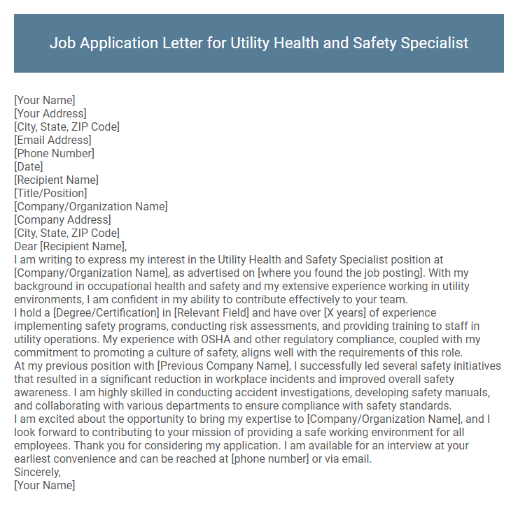 Job Application Letter for Utility Health and Safety Specialist