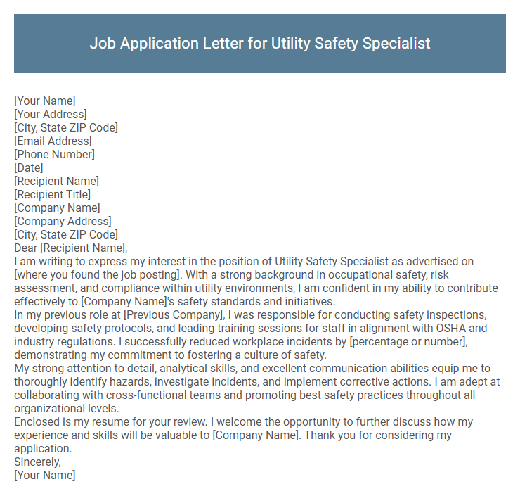 Job Application Letter for Utility Safety Specialist