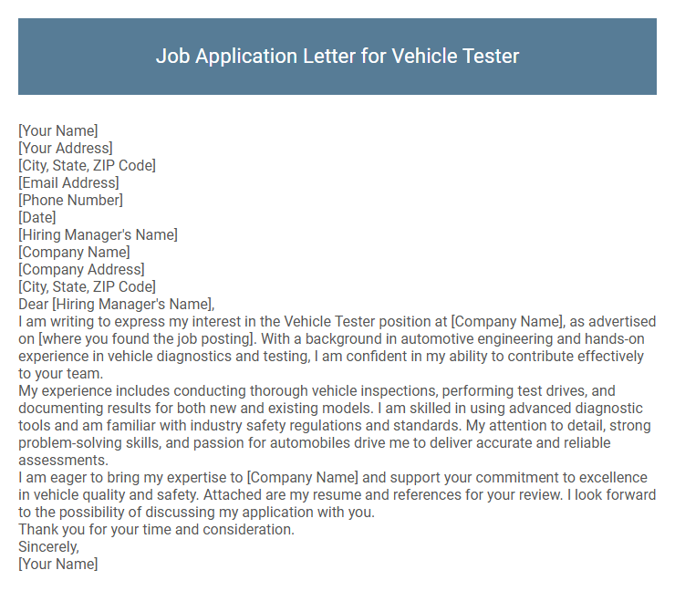 Job Application Letter for Vehicle Tester