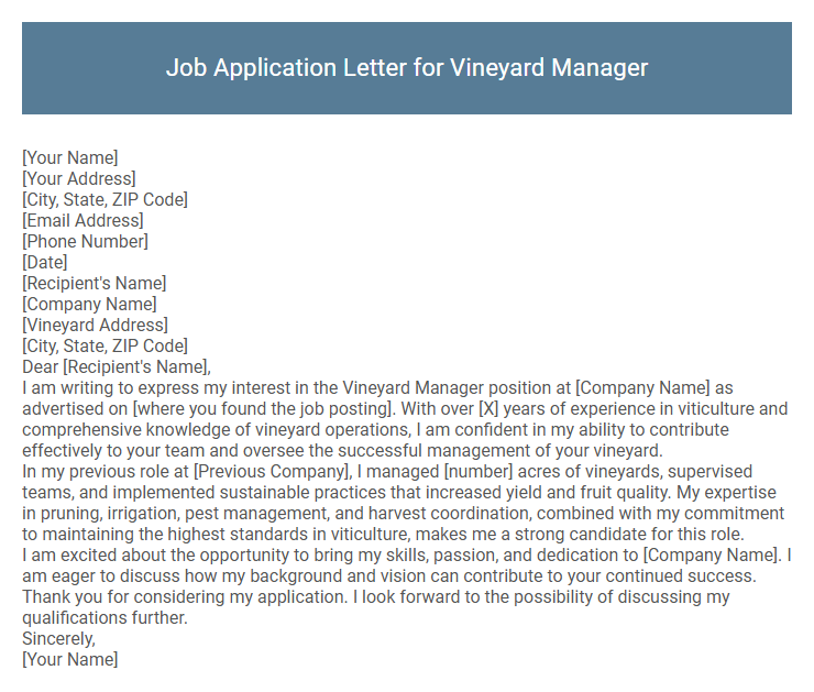 Job Application Letter for Vineyard Manager