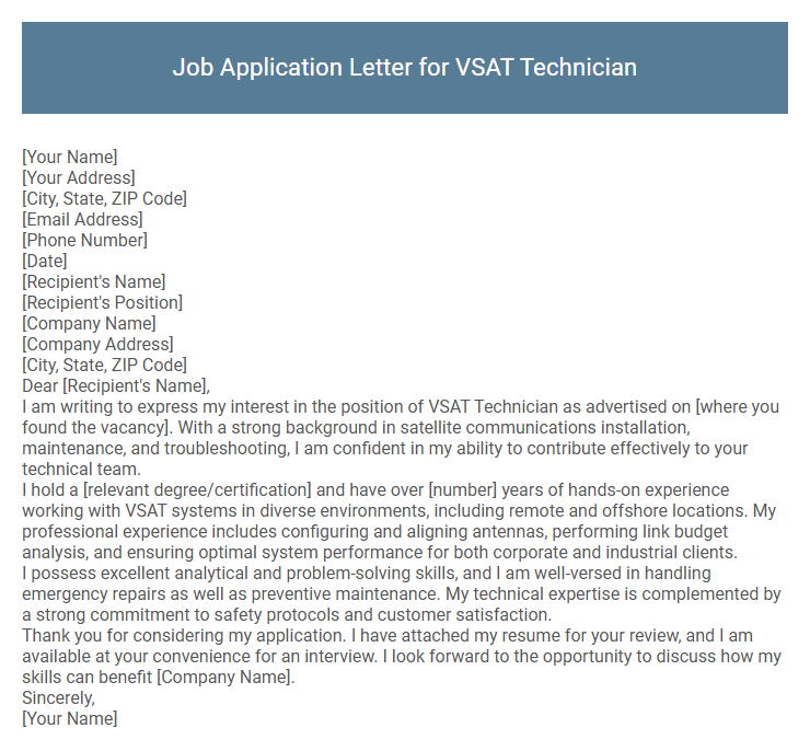 Job Application Letter for VSAT Technician