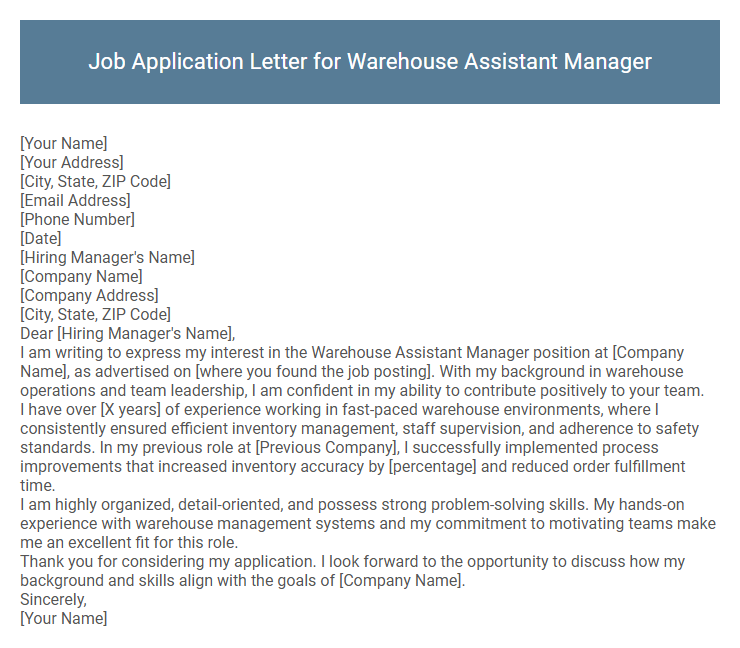 Job Application Letter for Warehouse Assistant Manager