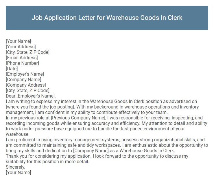 Job Application Letter for Warehouse Goods In Clerk