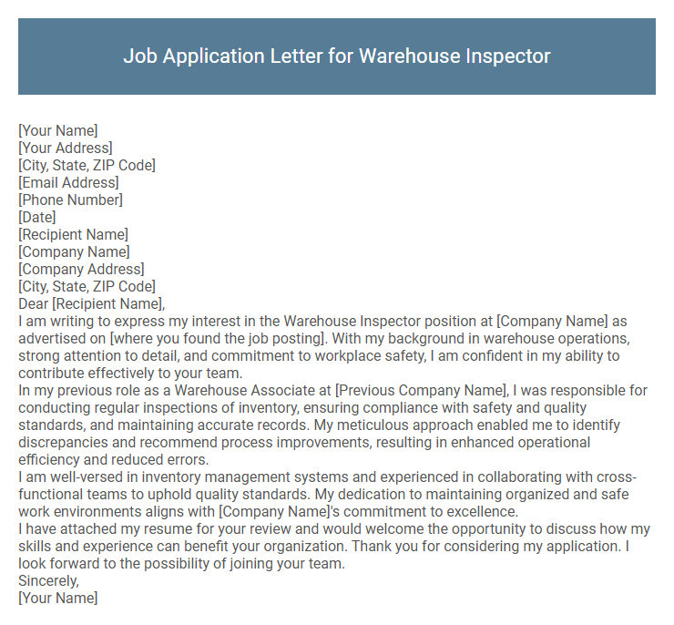 Job Application Letter for Warehouse Inspector