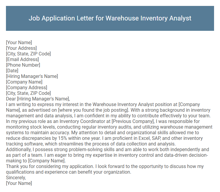 Job Application Letter for Warehouse Inventory Analyst