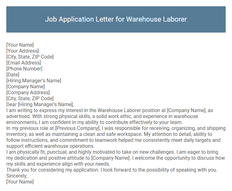 Job Application Letter for Warehouse Laborer