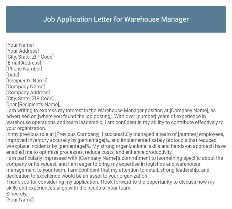 Job Application Letter for Warehouse Manager
