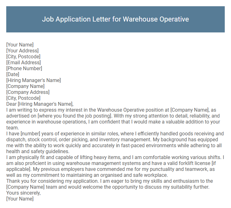Job Application Letter for Warehouse Operative