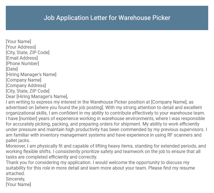 Job Application Letter for Warehouse Picker