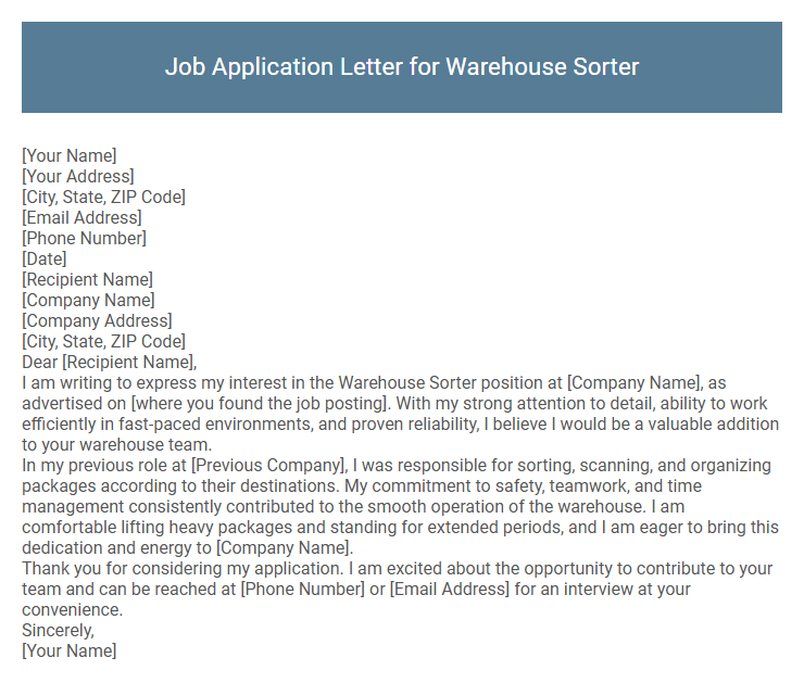 Job Application Letter for Warehouse Sorter