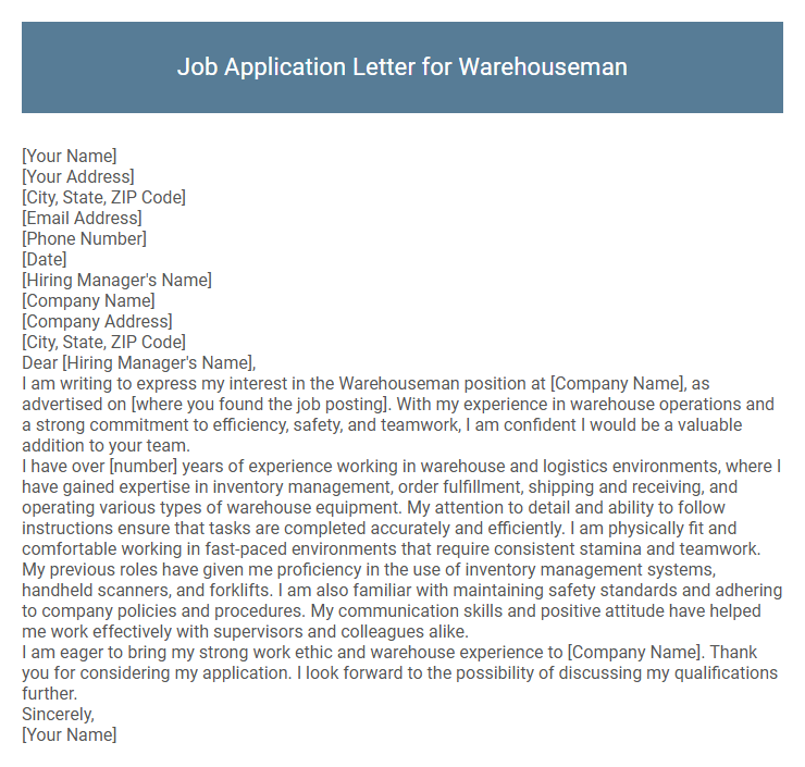 Job Application Letter for Warehouseman