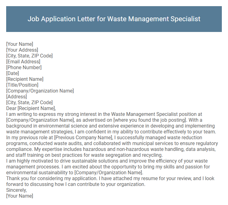 Job Application Letter for Waste Management Specialist