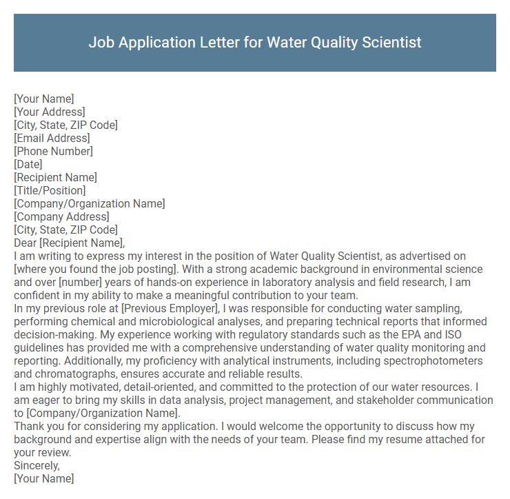 Job Application Letter for Water Quality Scientist
