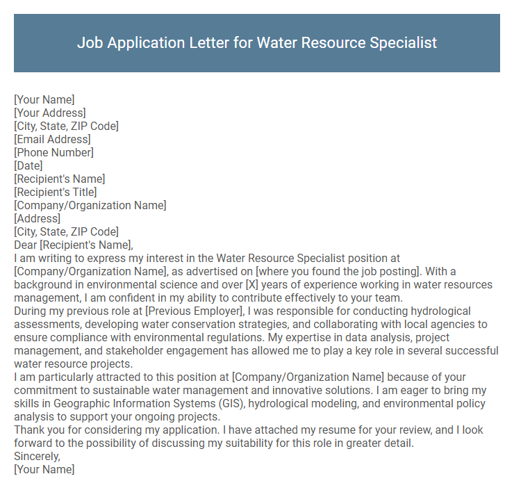 Job Application Letter for Water Resource Specialist