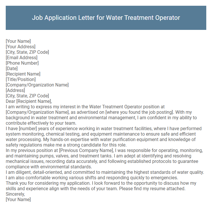 Job Application Letter for Water Treatment Operator