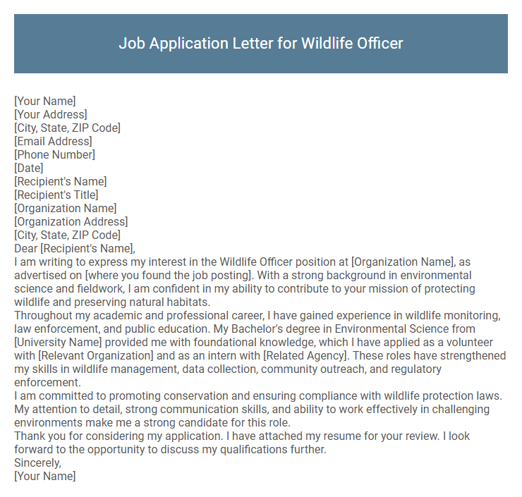 Job Application Letter for Wildlife Officer
