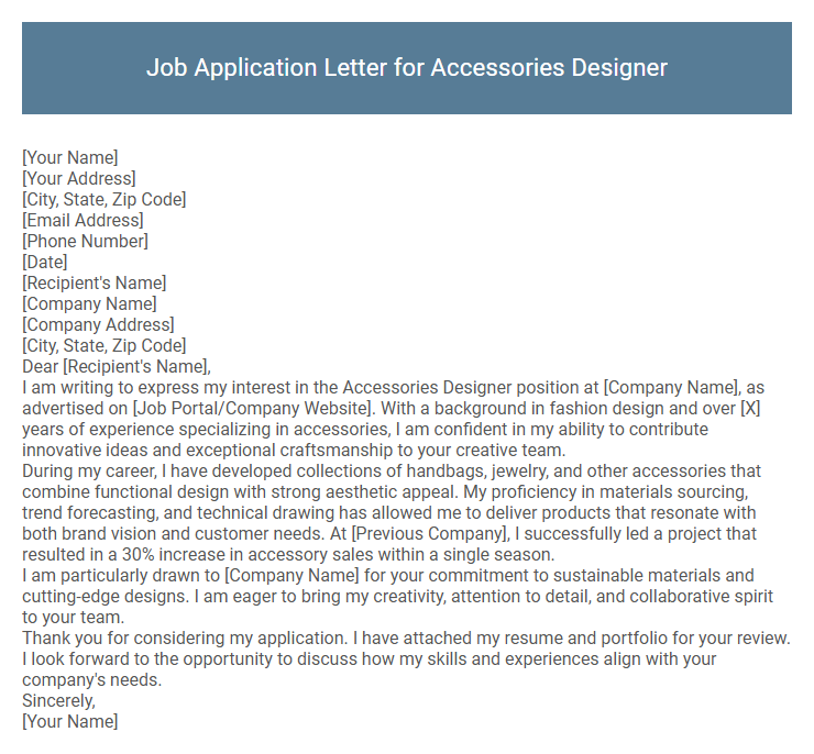 Job Application Letter for Accessories Designer
