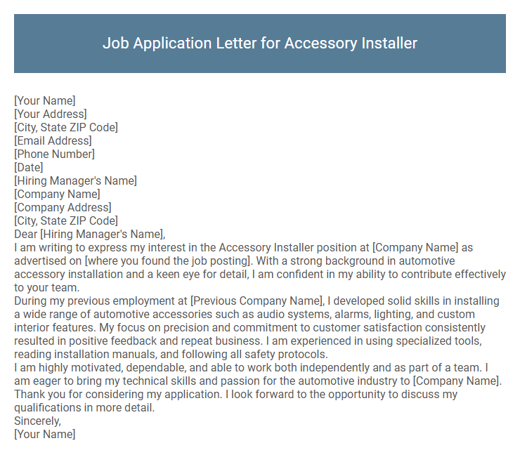 Job Application Letter for Accessory Installer