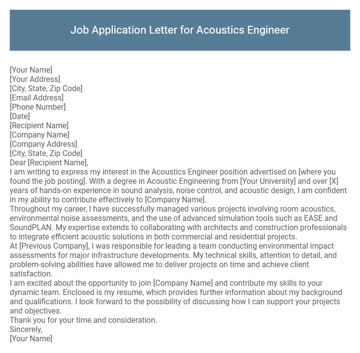 Job Application Letter for Acoustics Engineer