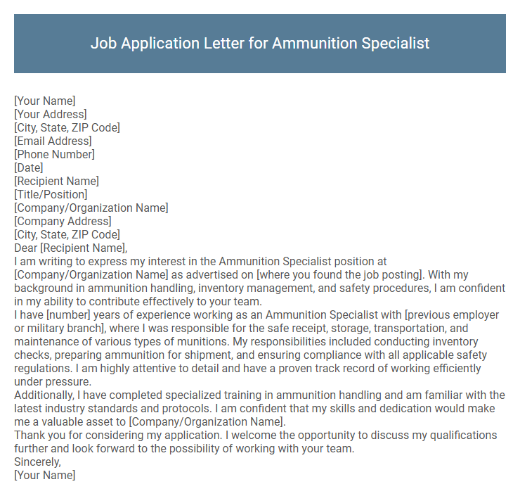 Job Application Letter for Ammunition Specialist