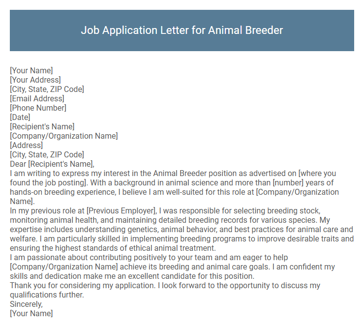Job Application Letter for Animal Breeder